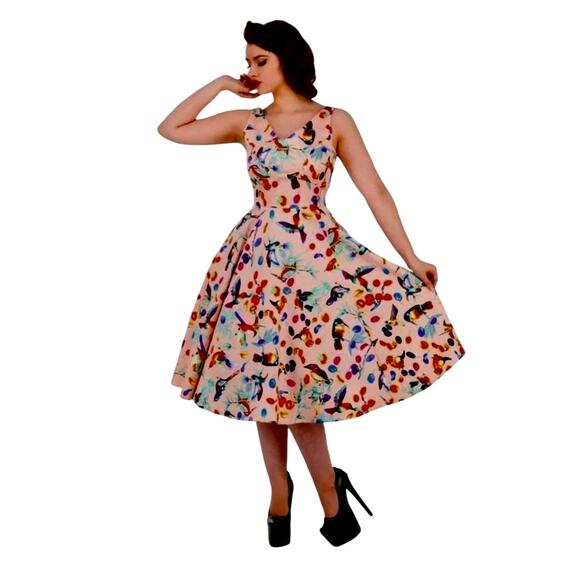 HEARTS & ROSES Dress‎ 12 Sandy Birds Peach Tropical Novelty Vintage Repro Birds - Picture 1 of 14